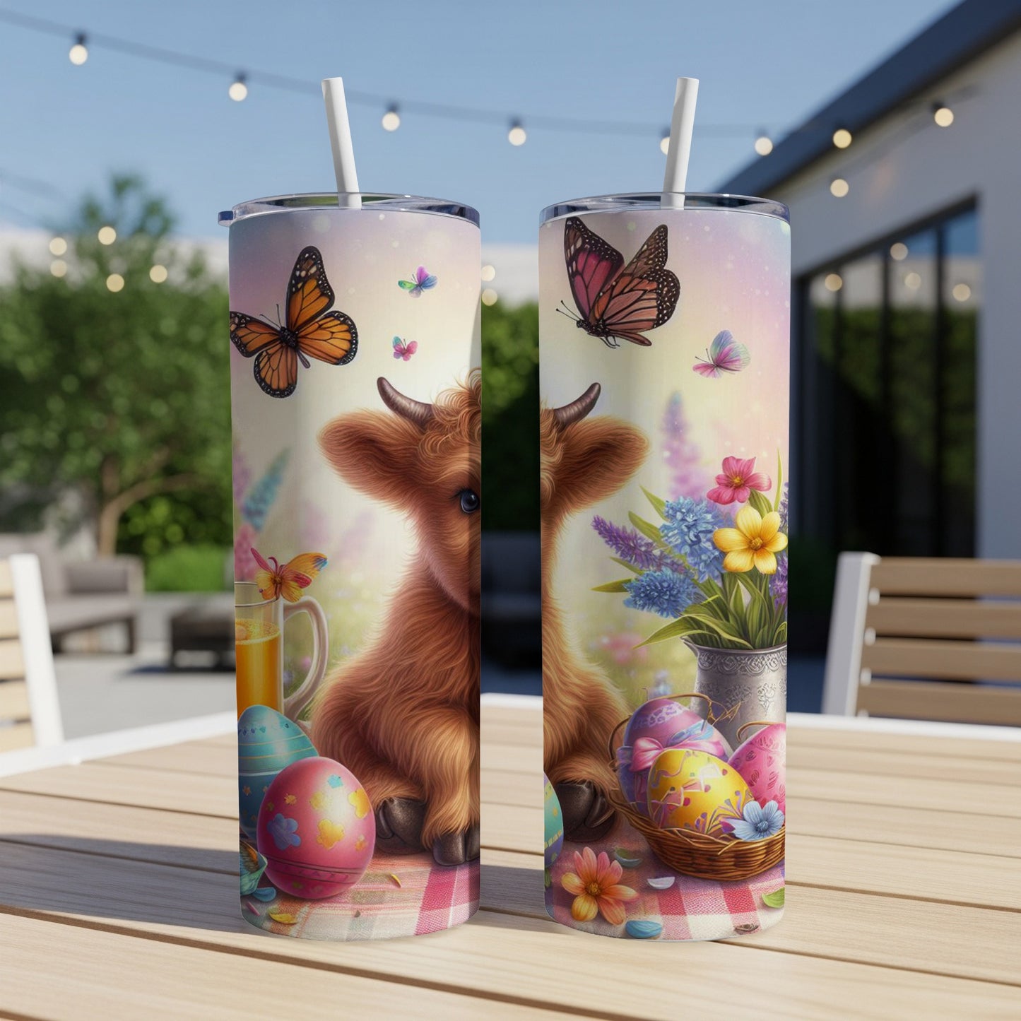Fluffy Highland cow with Easter eggs and butterflies on a floral tumbler.