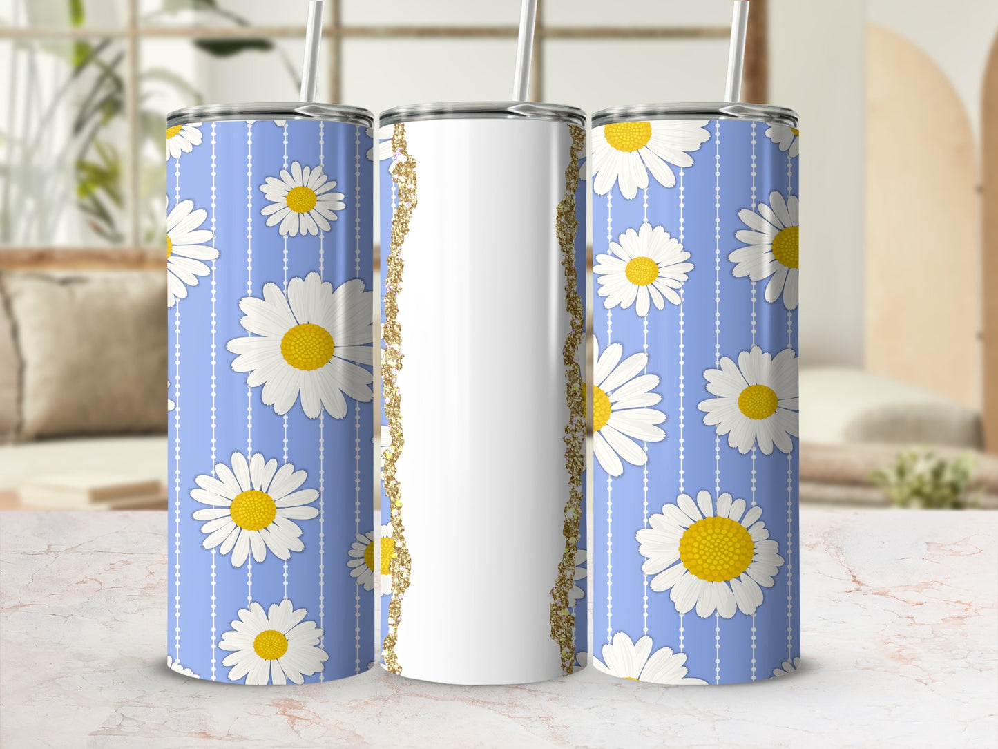 Blue striped tumbler with daisies and a gold glitter accent.