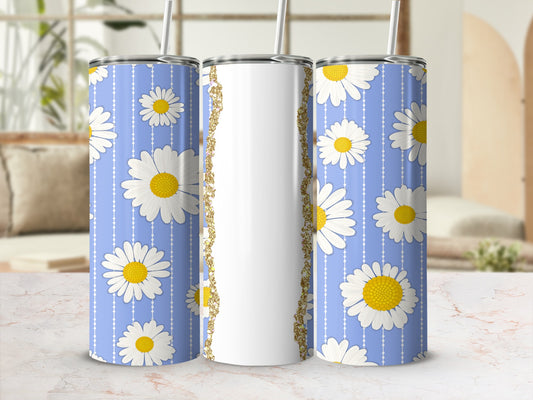 Blue striped tumbler with daisies and a gold glitter accent.