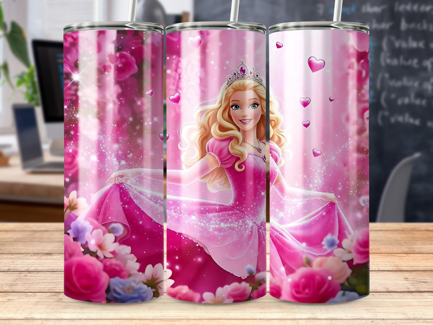 Barbie Princess surrounded by Roses Hearts and Sparkling Tumblers