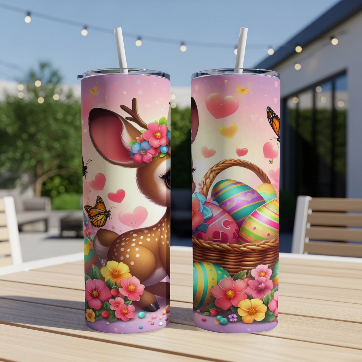 Easter tumbler with a deer and painted eggs.