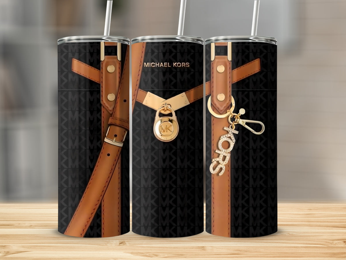 Three tumblers with black Michael Kors logo pattern and brown strap details.