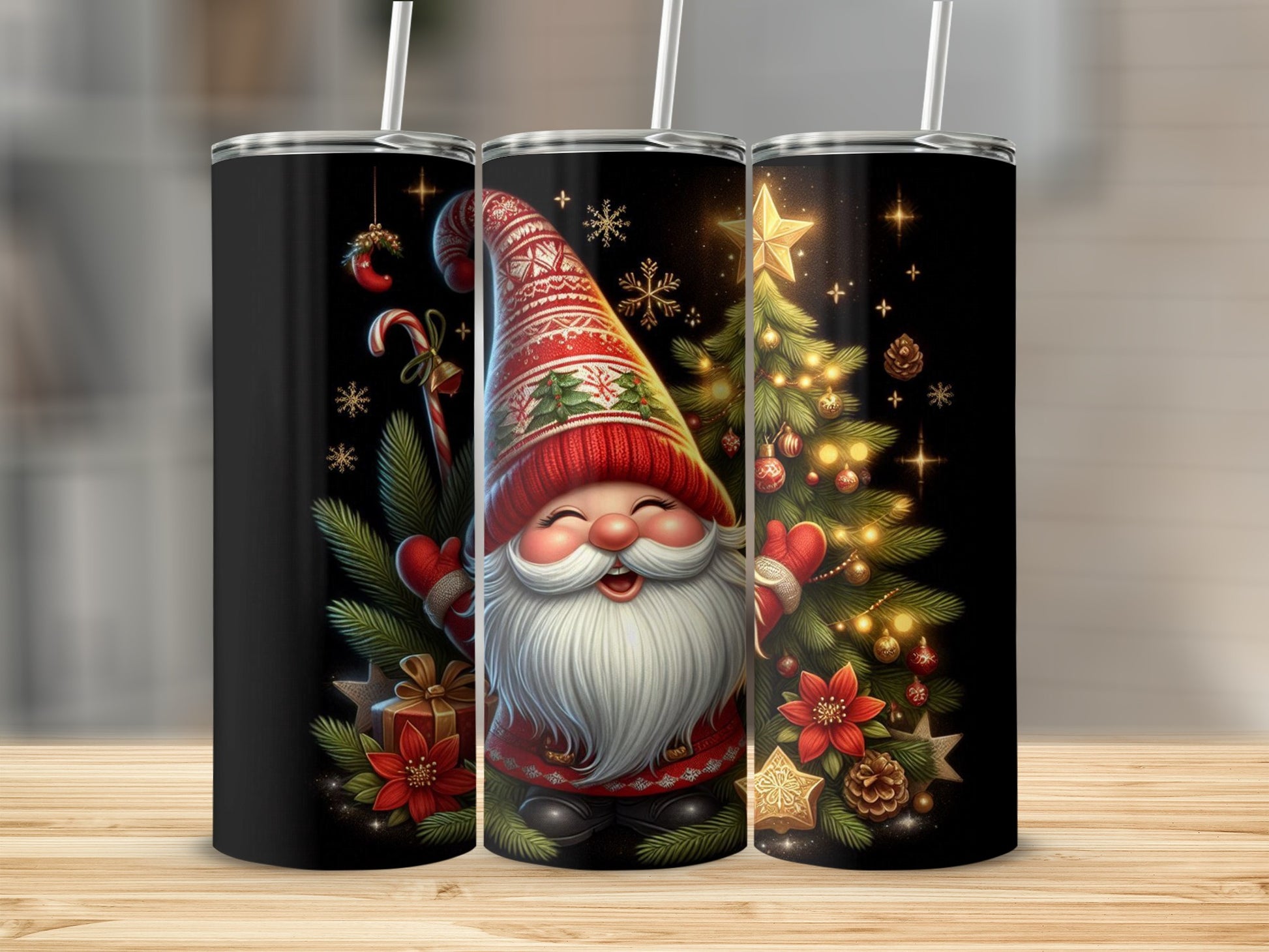 Gnome in festive hat and scarf holding candy cane, Christmas tree, and ornaments.