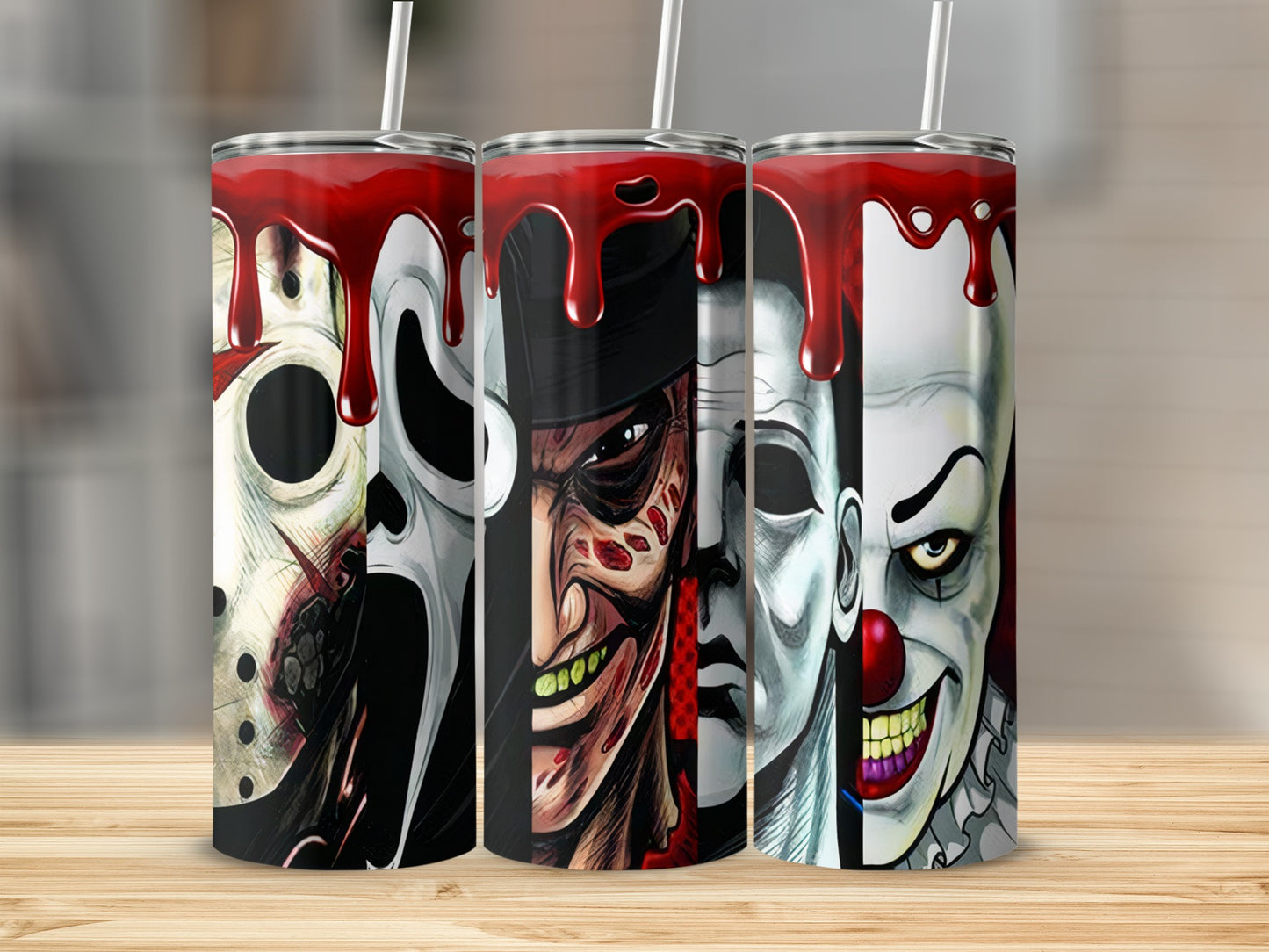 Three tumblers featuring horror movie icons with red dripping blood at the top.