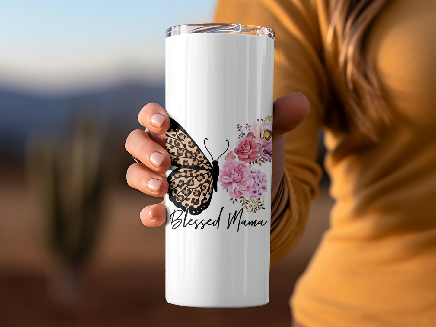 Blessed Mama Butterfly Floral Design Tumbler