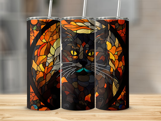Black cat stained glass design on a tumbler.