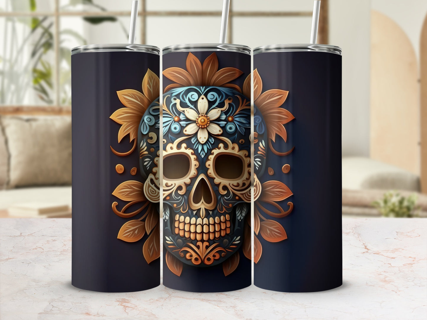 Day of the Dead Skull Floral Design Beverage Tumbler