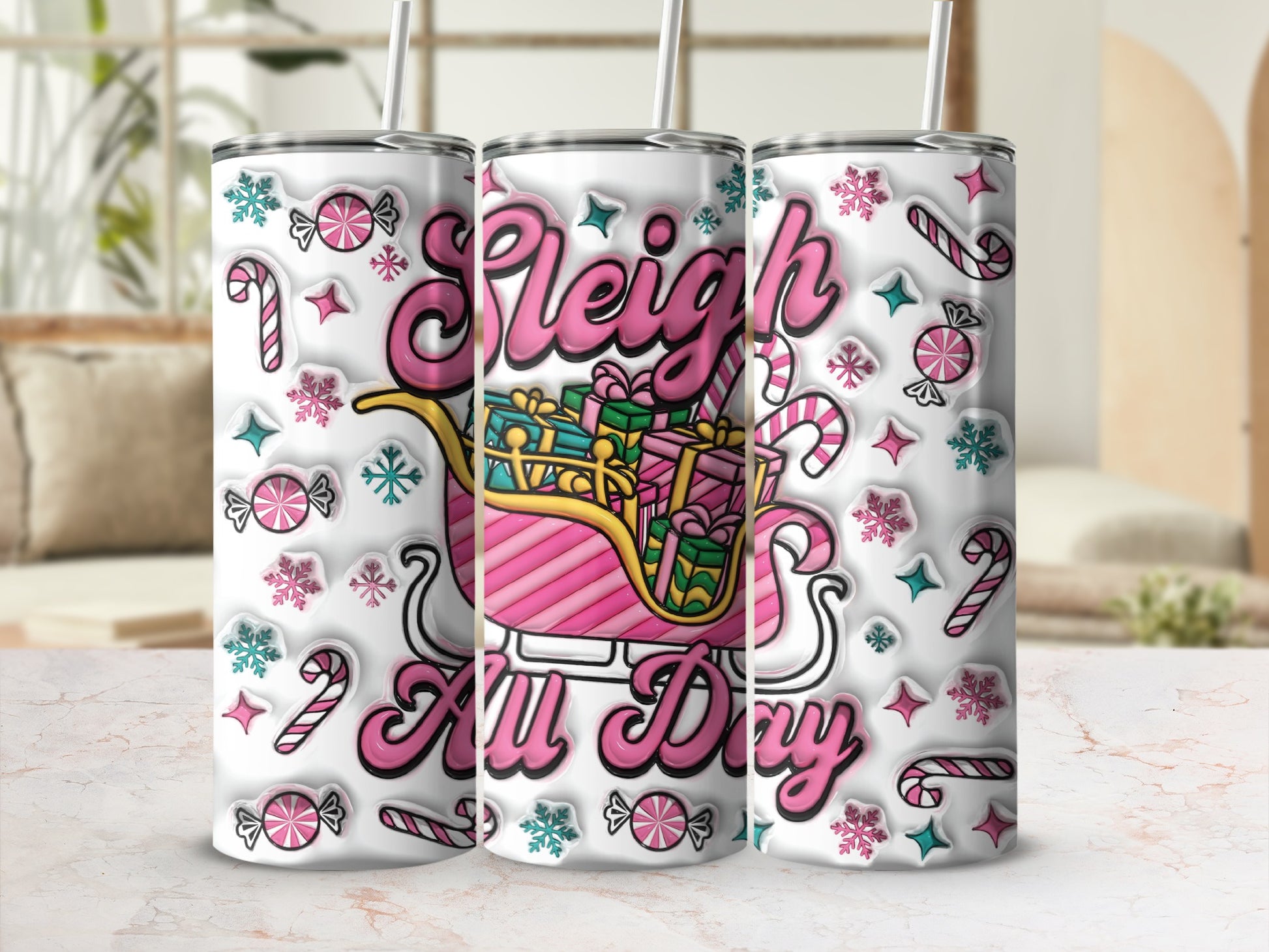 Sleigh All Day Colorful Candy Winter Theme Tumbler