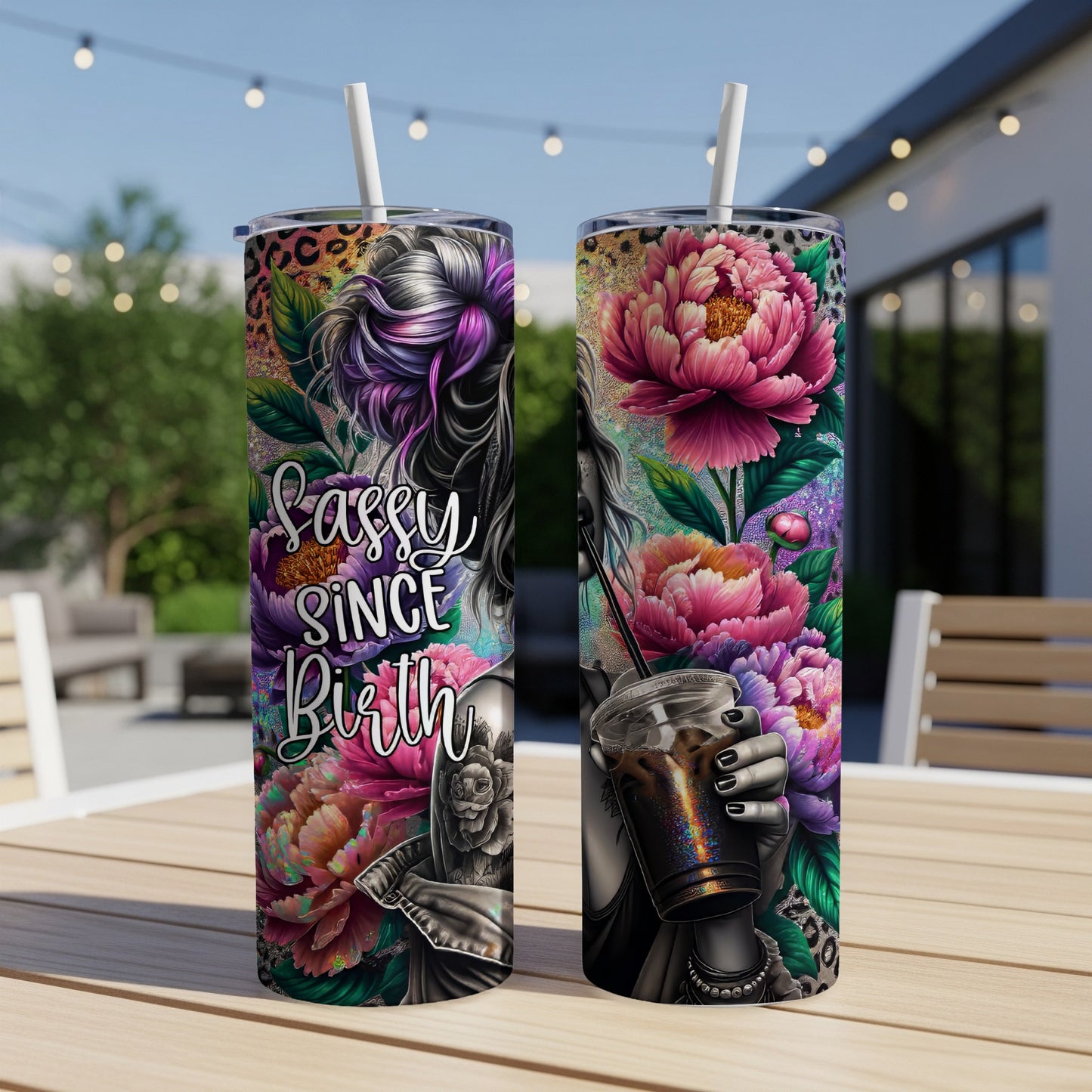 Two tumblers with "Sassy Since Birth" and floral graphics.