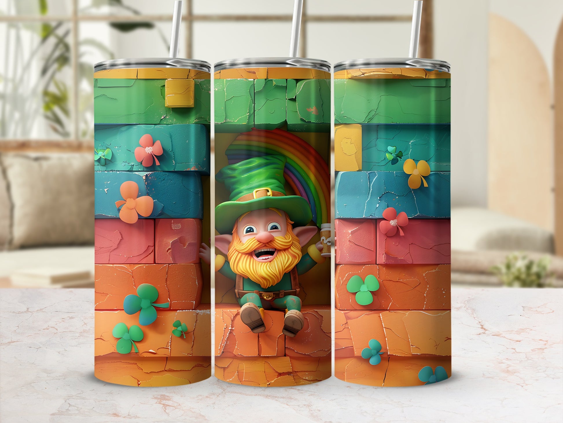Leprechaun with rainbow, shamrocks, and colorful brick pattern on tumbler.
