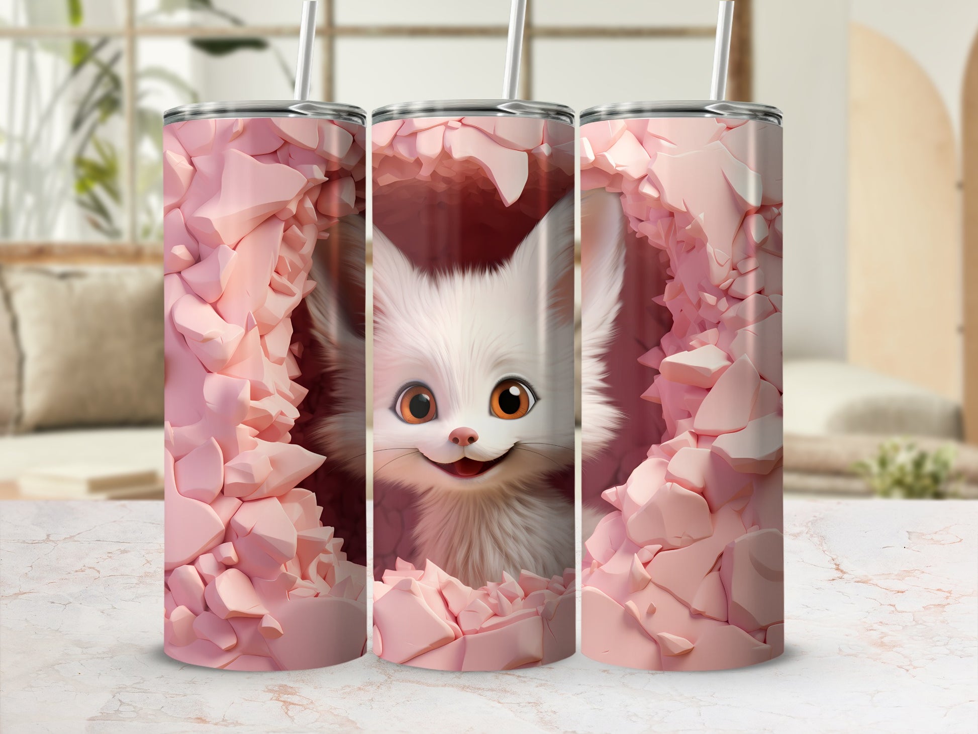 Cute White Fox with Pink Crystals Tumbler Product