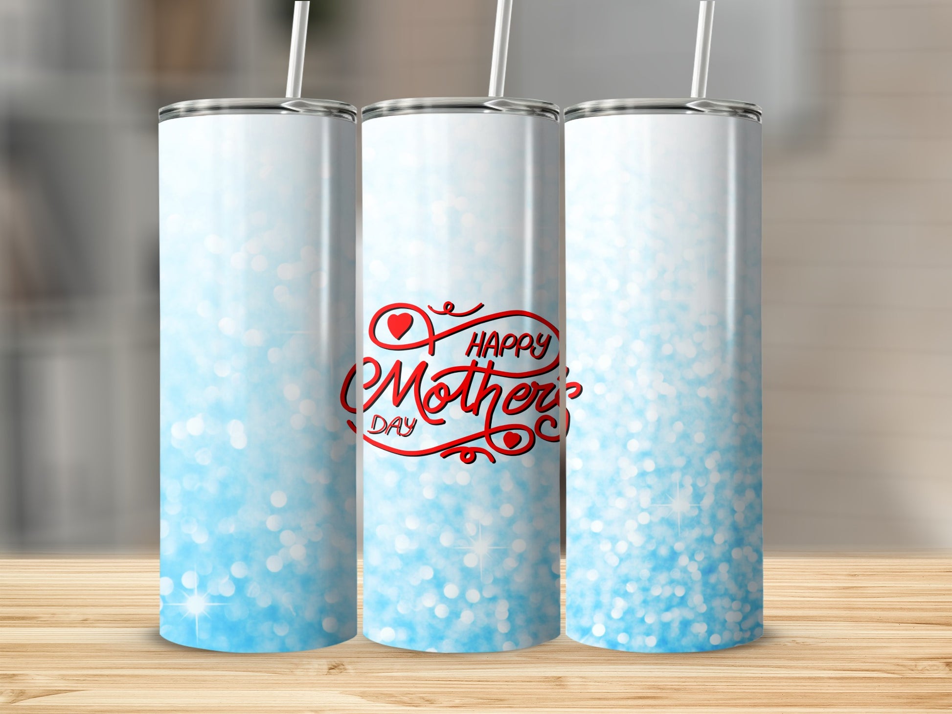Three skinny tumblers with a blue glitter gradient and "Happy Mother's Day" text.