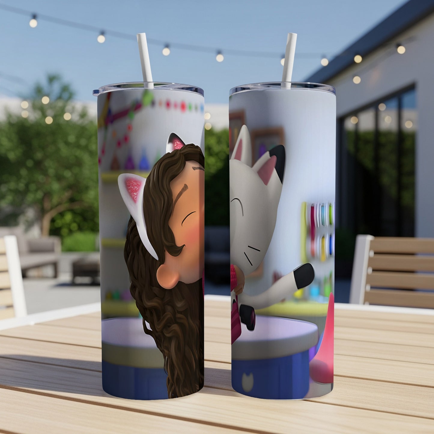 Two tall tumblers featuring cartoon characters in a playful, outdoor setting.