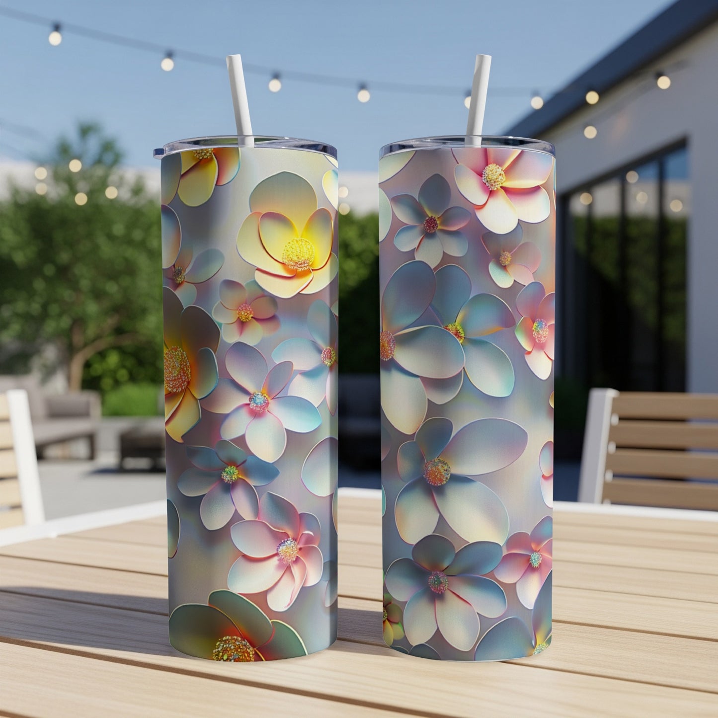 Two tumblers with iridescent floral patterns sit on a wooden table.