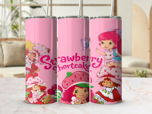 Strawberry Shortcake and friends on a pink tumbler with straw.