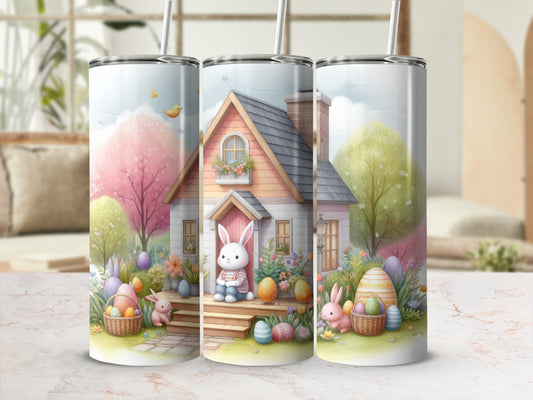Easter bunny and eggs with pastel house and trees.