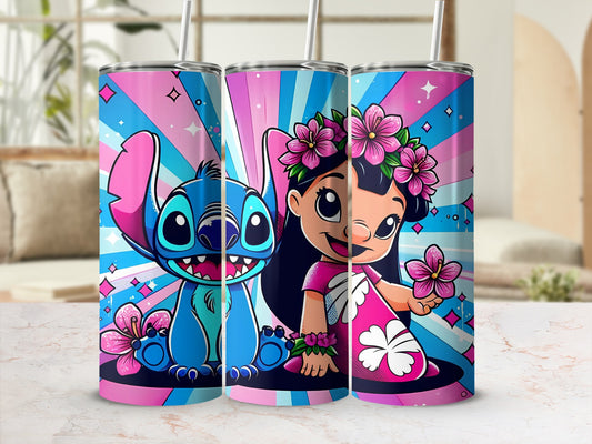 Cute Stitch and Lilo Floral Travel Tumbler Cup Flask