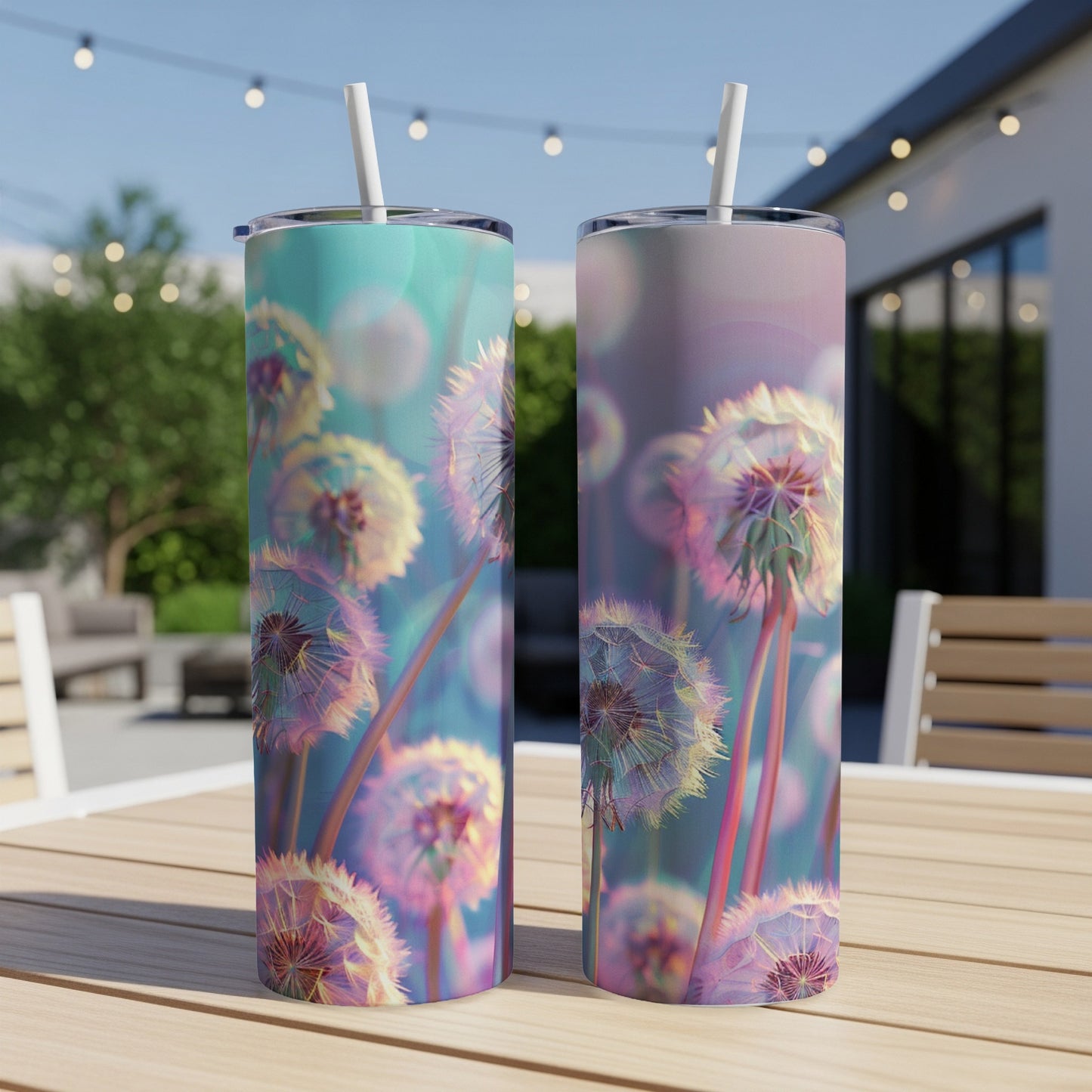 Two tumblers with dandelion seed heads design on a table outdoors.