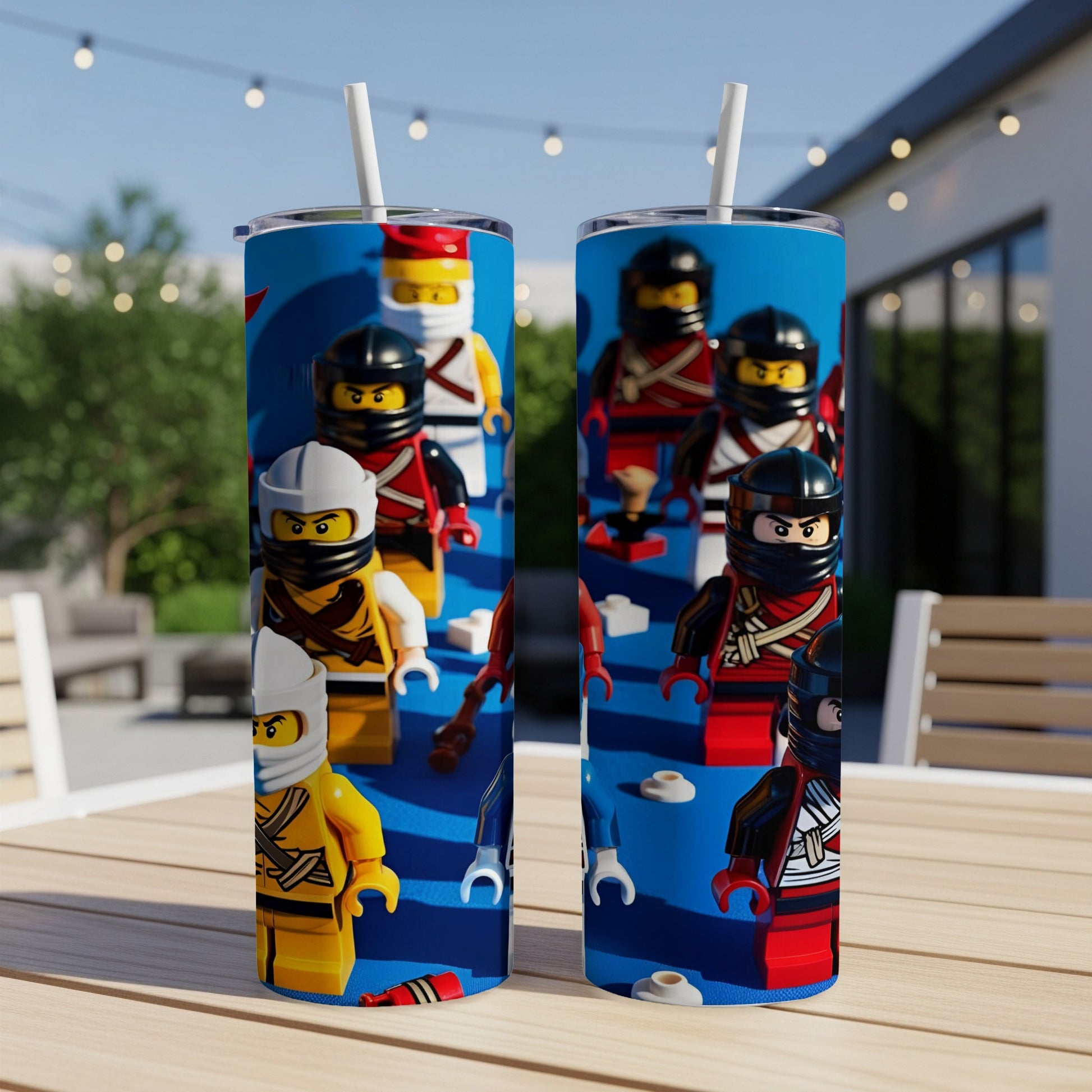 Two Ninjago-themed tumblers with minifigure designs on a table.