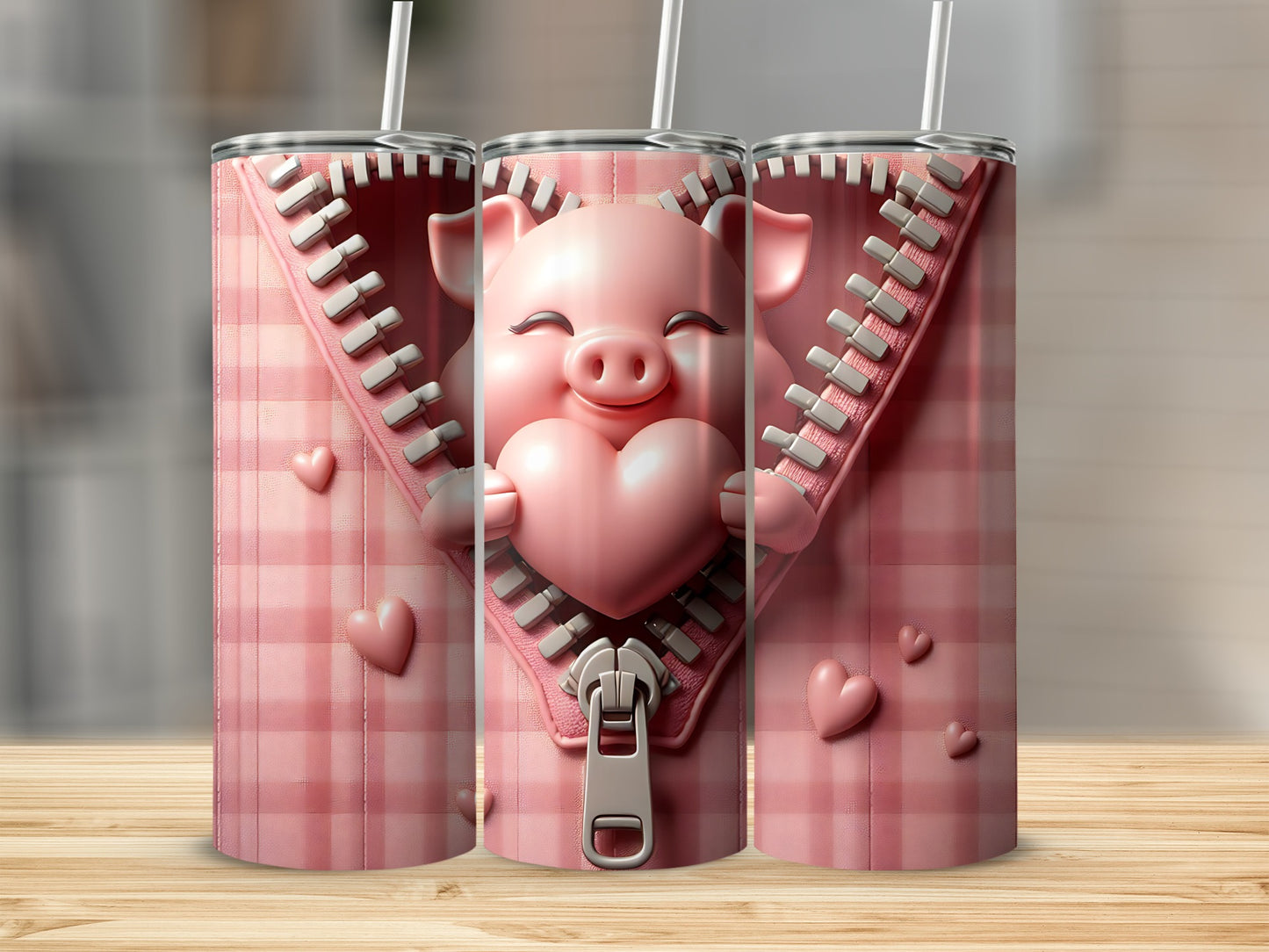 Pink gingham zipper with a smiling pig holding a heart.