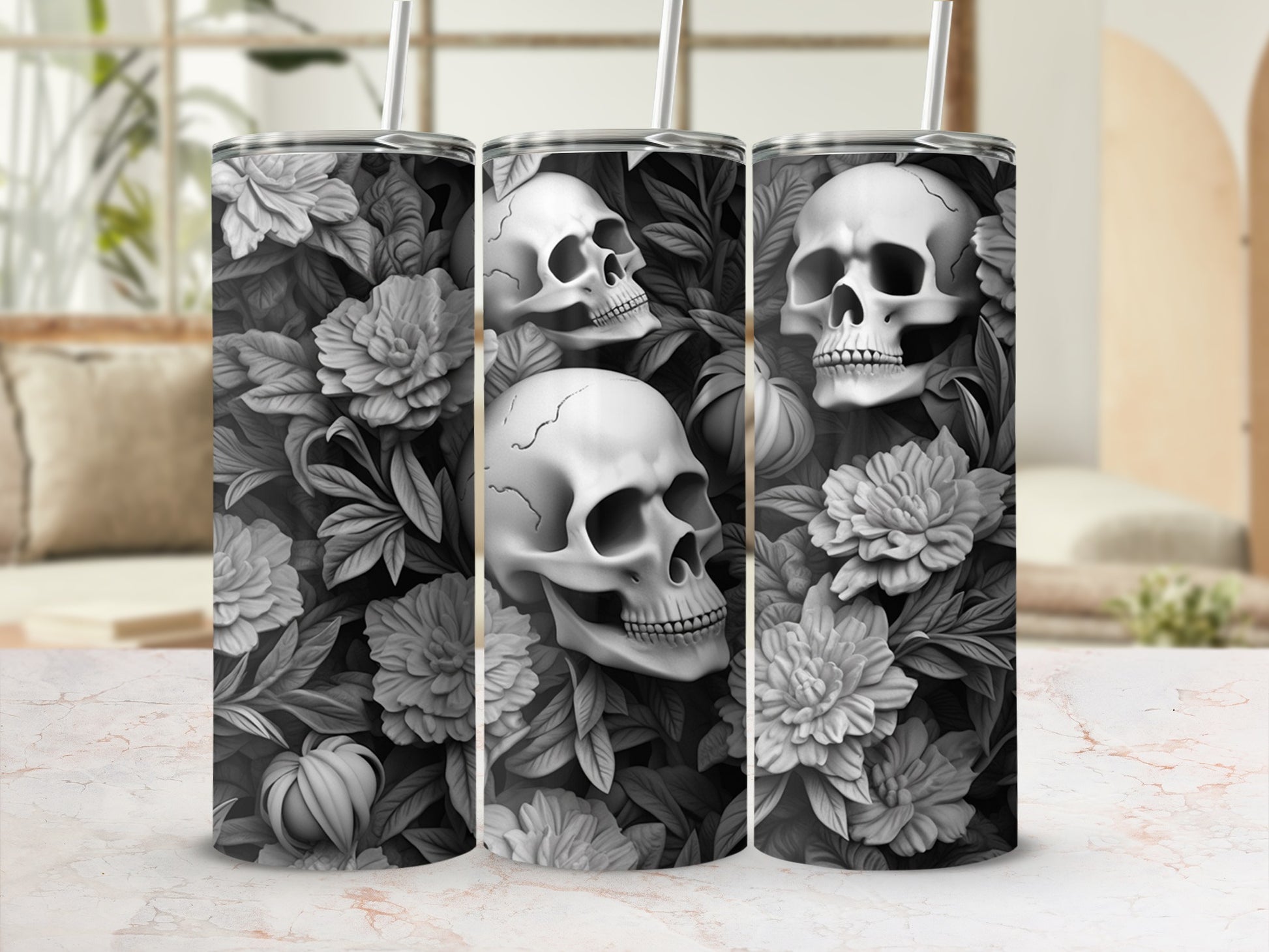 Floral pattern with skulls and leaves on a tumbler.