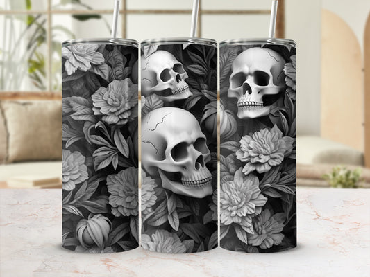 Floral pattern with skulls and leaves on a tumbler.
