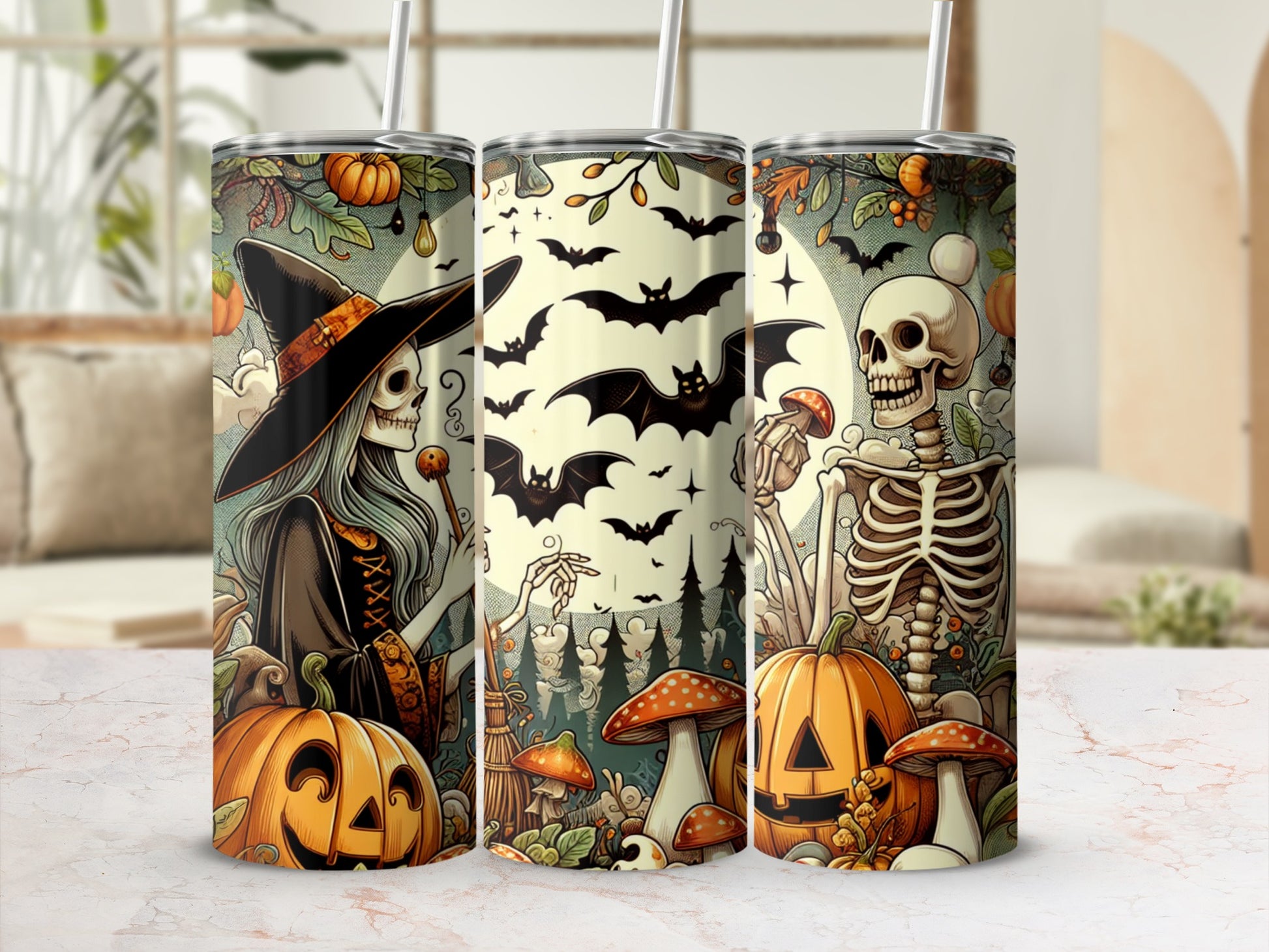 Halloween themed tumblers featuring a witch, skeleton, pumpkins, bats, and mushrooms.