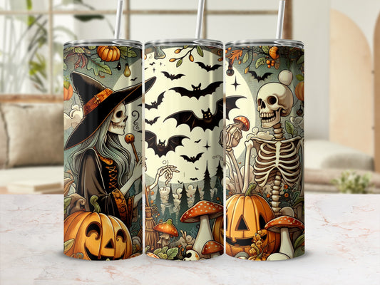 Halloween themed tumblers featuring a witch, skeleton, pumpkins, bats, and mushrooms.