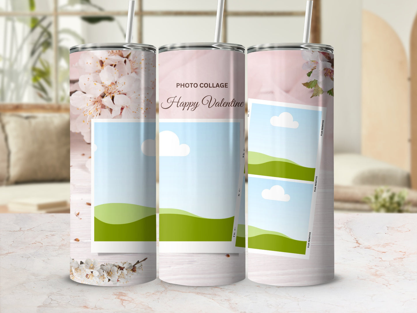 Three tumblers feature a "Happy Valentine" photo collage with floral and landscape elements.