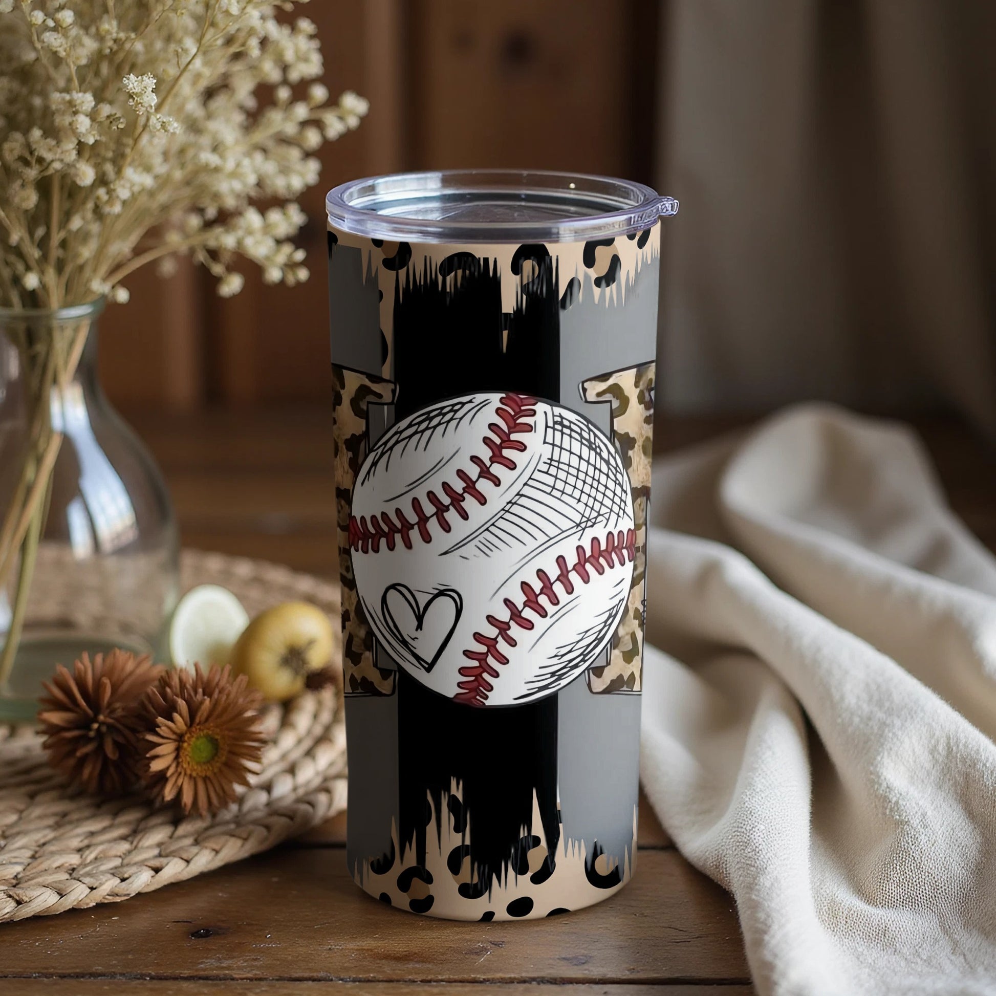 Baseball Themed Tumbler with Cheetah Print Design