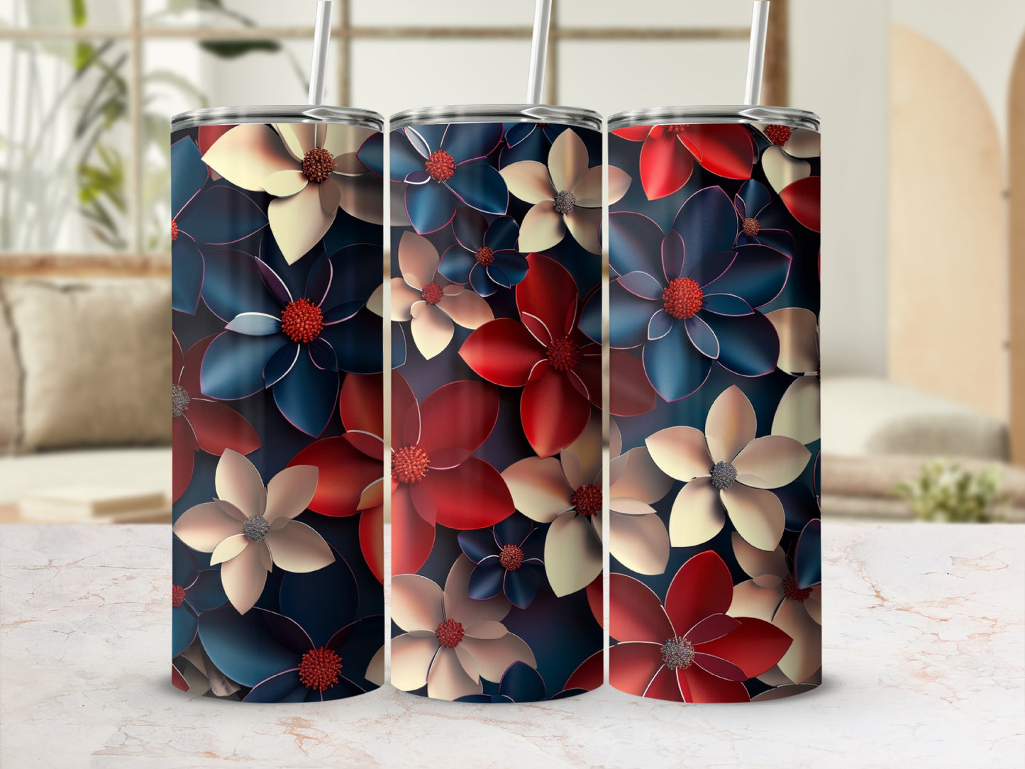 Three tumblers with a floral pattern in red, white, and blue.