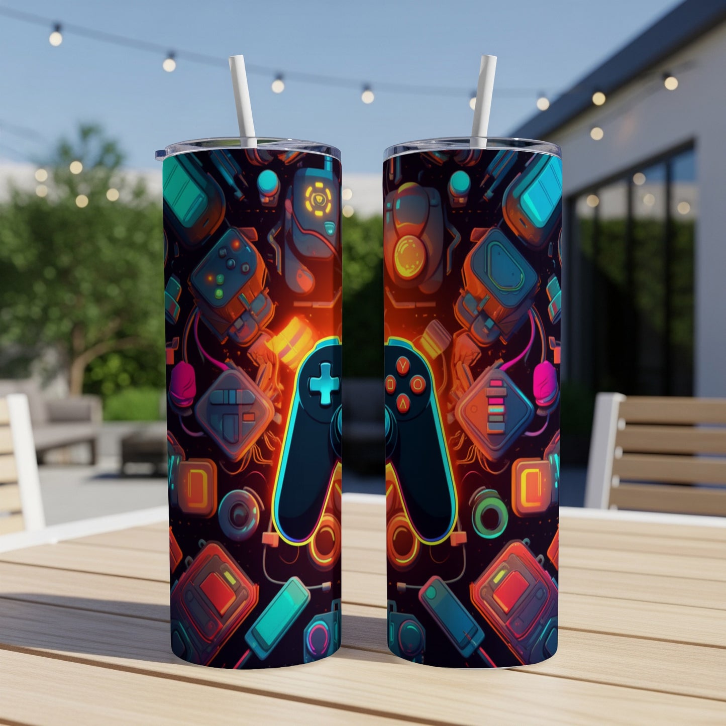 Two colorful tumblers with a video game controller and abstract shapes pattern.