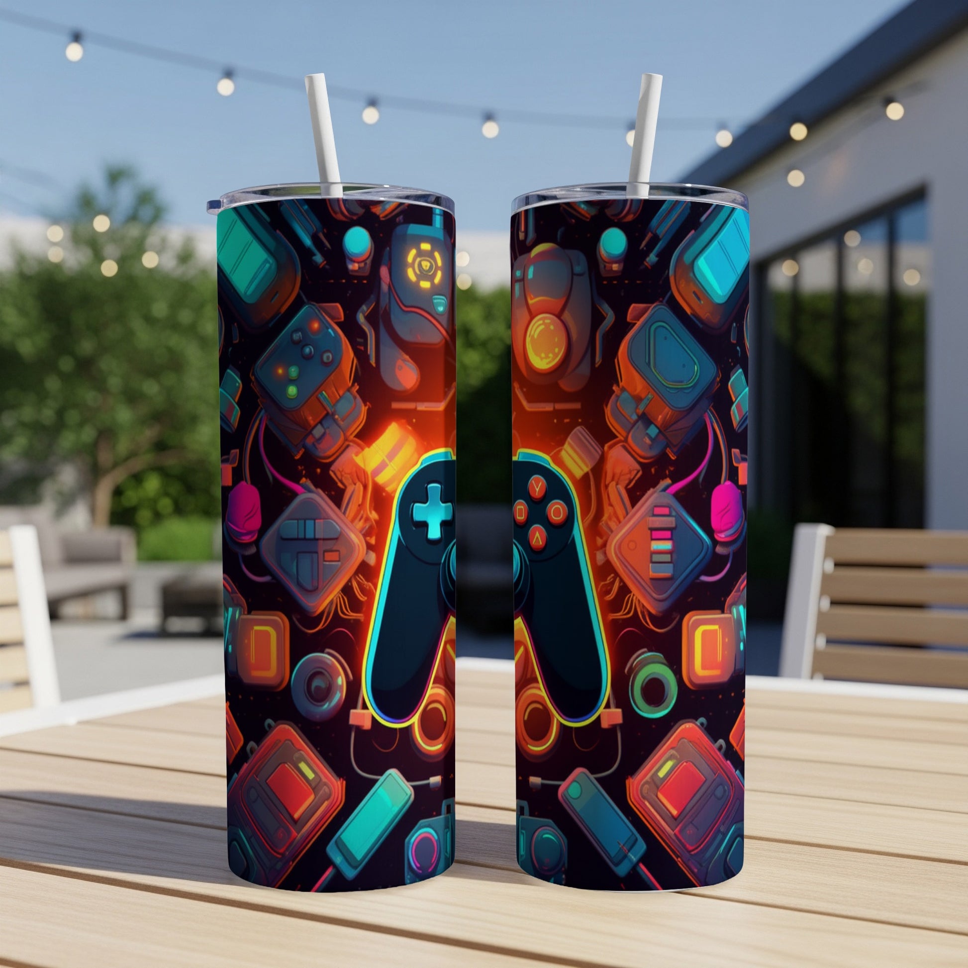 Two colorful tumblers with a video game controller and abstract shapes pattern.