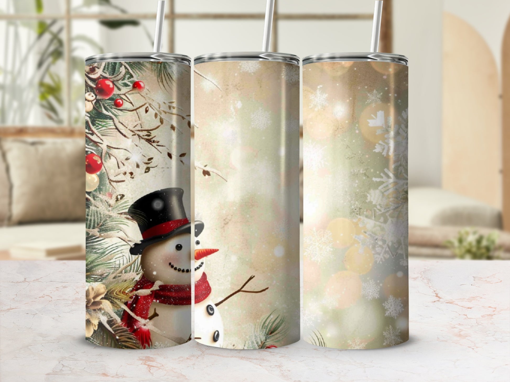 Snowman tumbler with festive holiday design.
