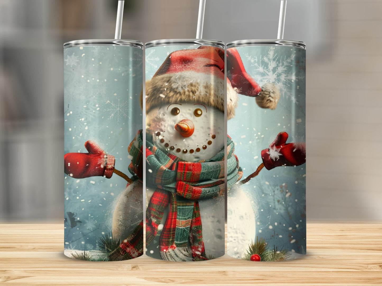 Three snowmen wearing Santa hats and scarves on a wooden surface.