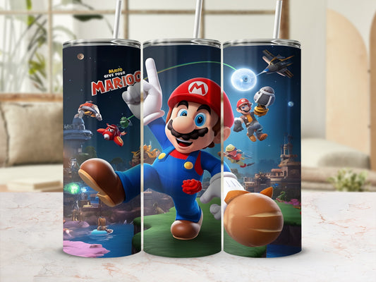 Mario with Princess Peach and Luigi in a colorful scene from Mario.