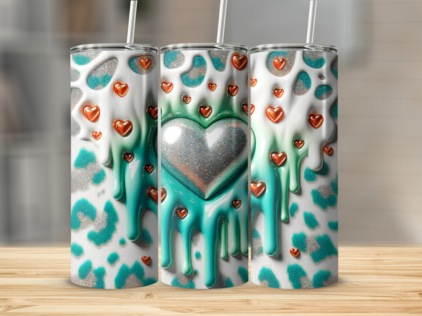 Valentine's Day! Heart Shapes Pattern Silver Heart Love Turquoise Drip with Golden Hearts and Silver Heart Tumblers