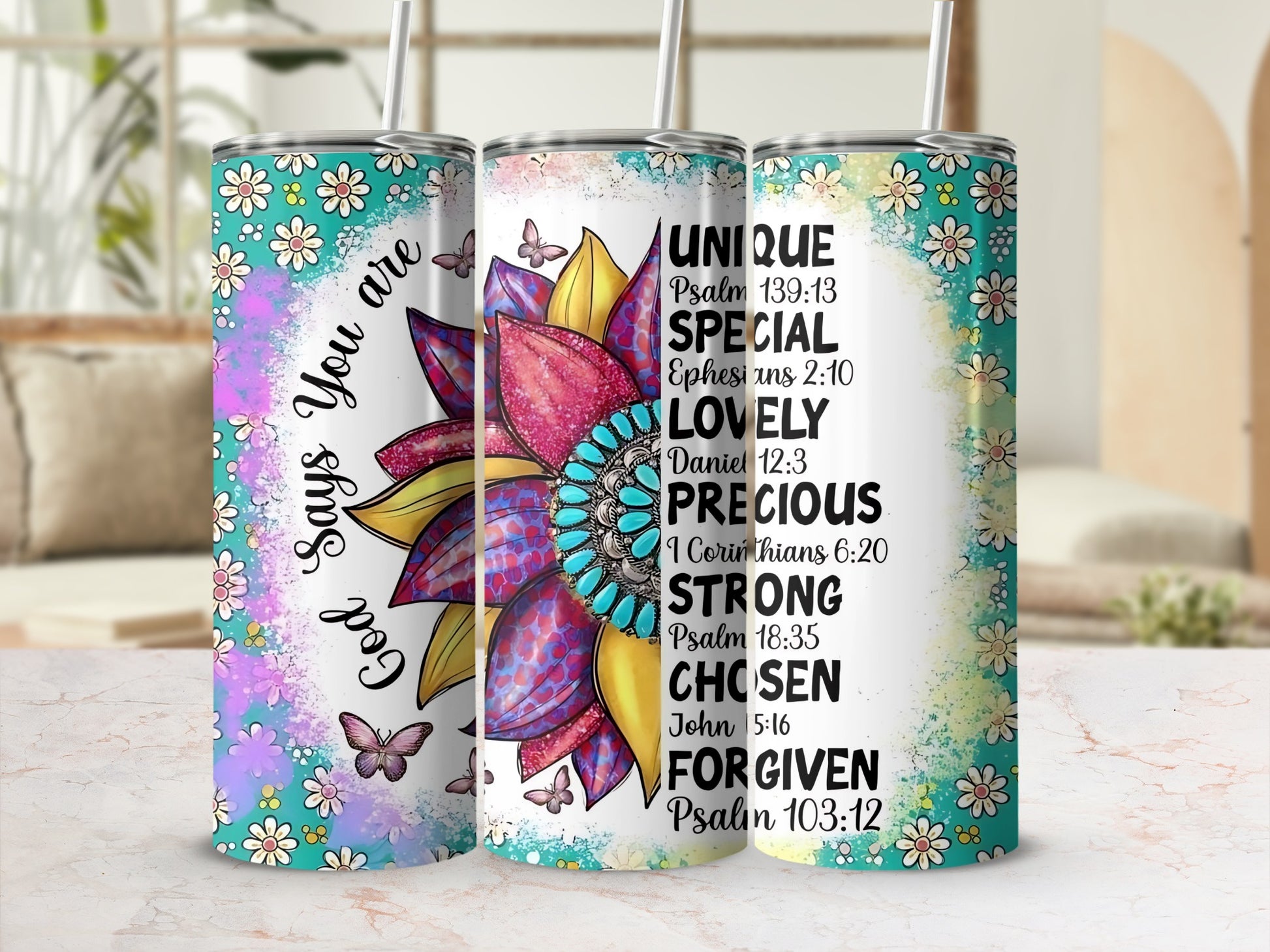Inspirational Floral Scripture Quotes Tumbler Cup