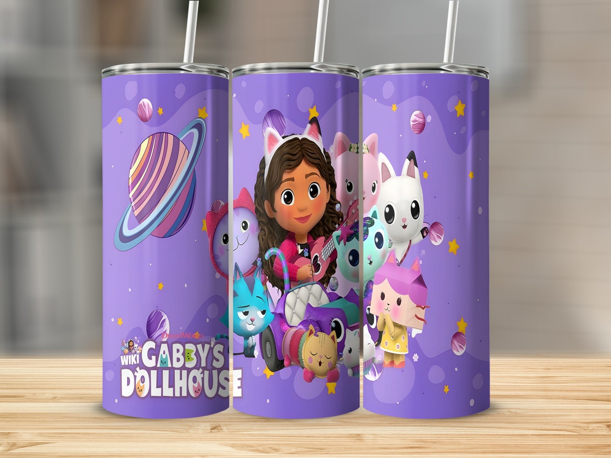 Gabby's Dollhouse tumbler with characters Pandy Paws, Cakey Cat, and Kitty Fairy.
