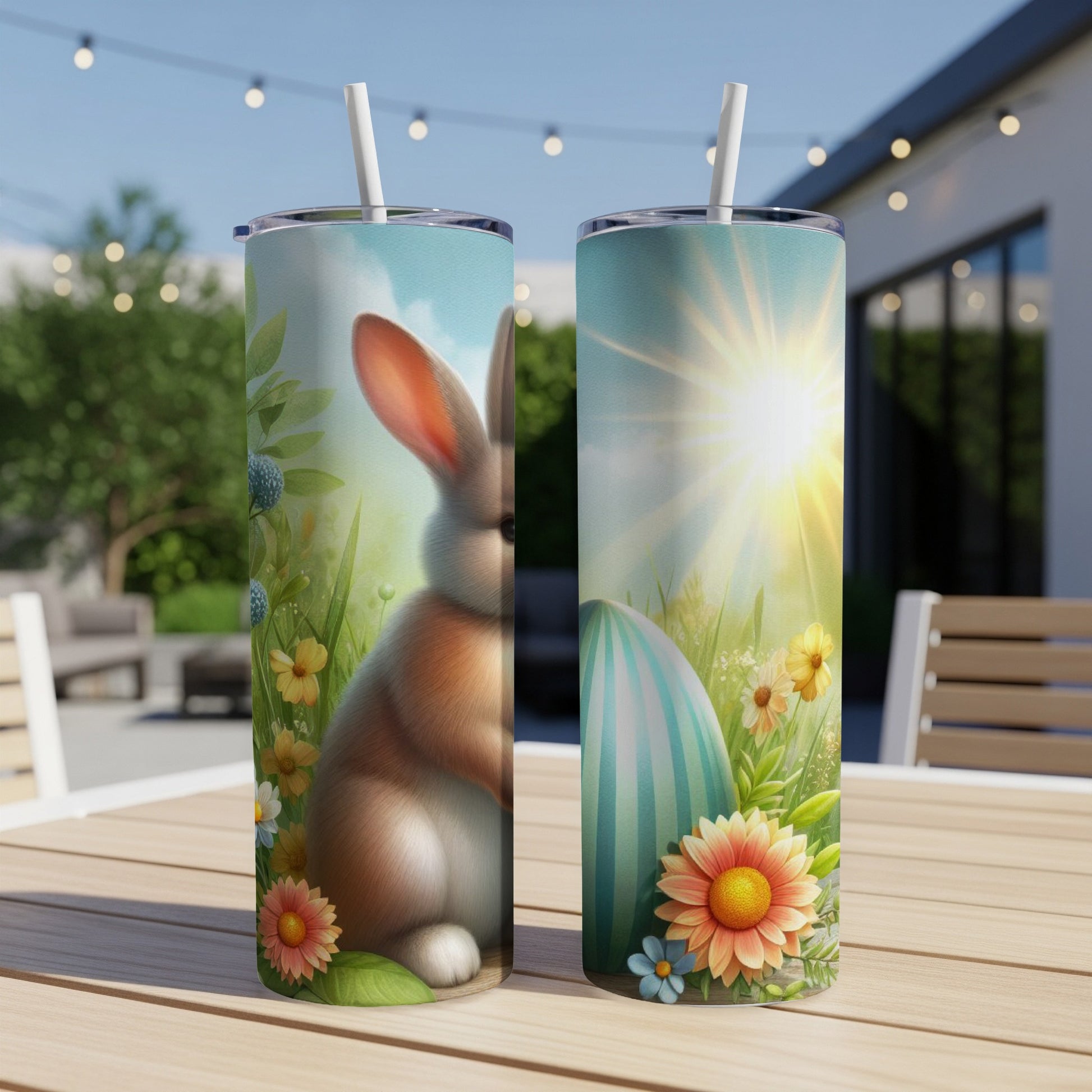 Two tumblers with Easter bunny and striped egg designs on a table.