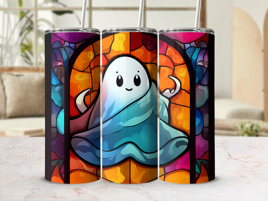 Ghost tumbler with stained glass background and straw.