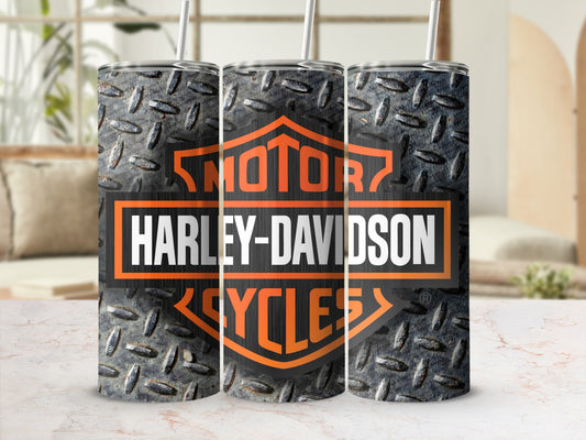 Harley-Davidson Cycles logo on a diamond plate patterned tumbler with a straw.
