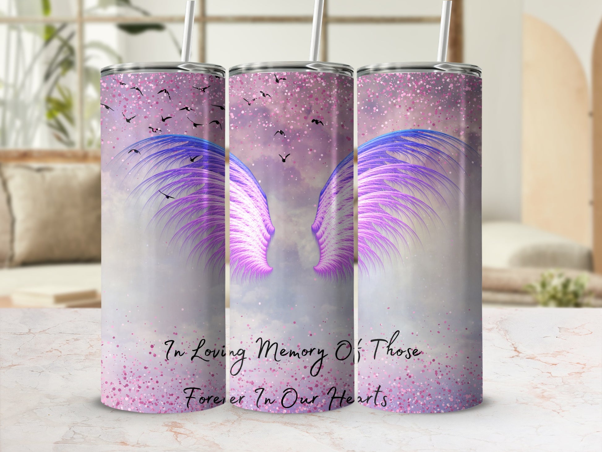 Angel wings with text "In Loving Memory Of Those Forever In Our Hearts".