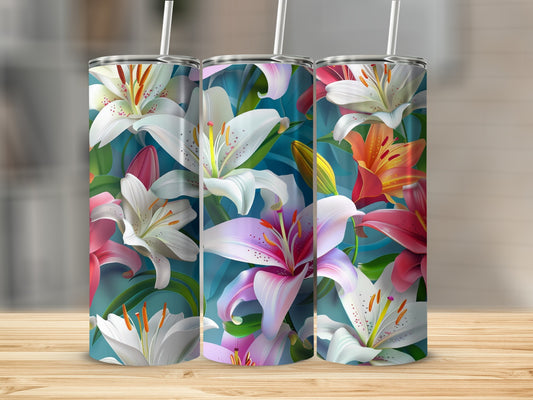 Three tumblers with colorful lily floral pattern, standing on a wooden surface.
