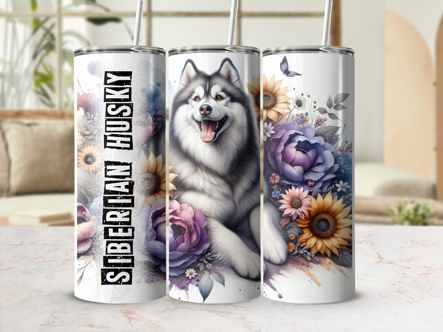 Siberian Husky with flowers on a tumbler.