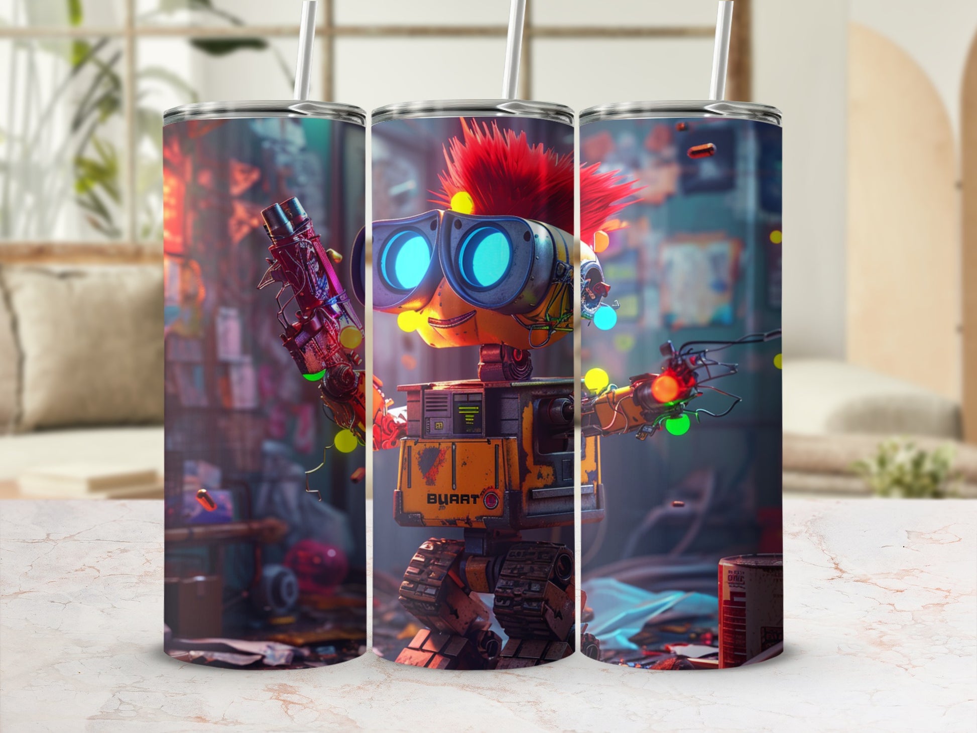 Cute Robot with Red Hair and Goggles Tumbler Cup