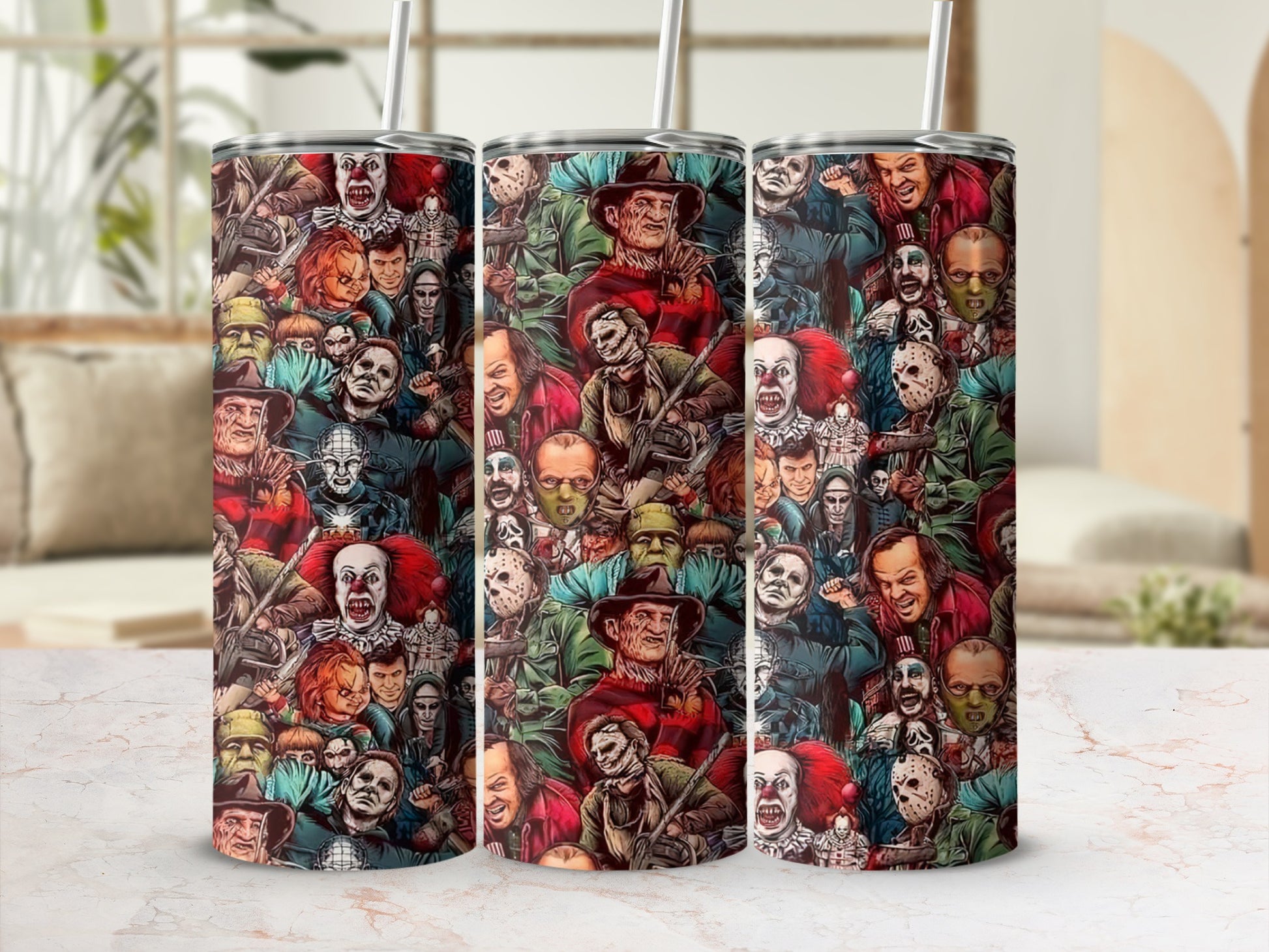 Collage of horror movie characters including Pennywise, Freddy Krueger, and Michael Myers.