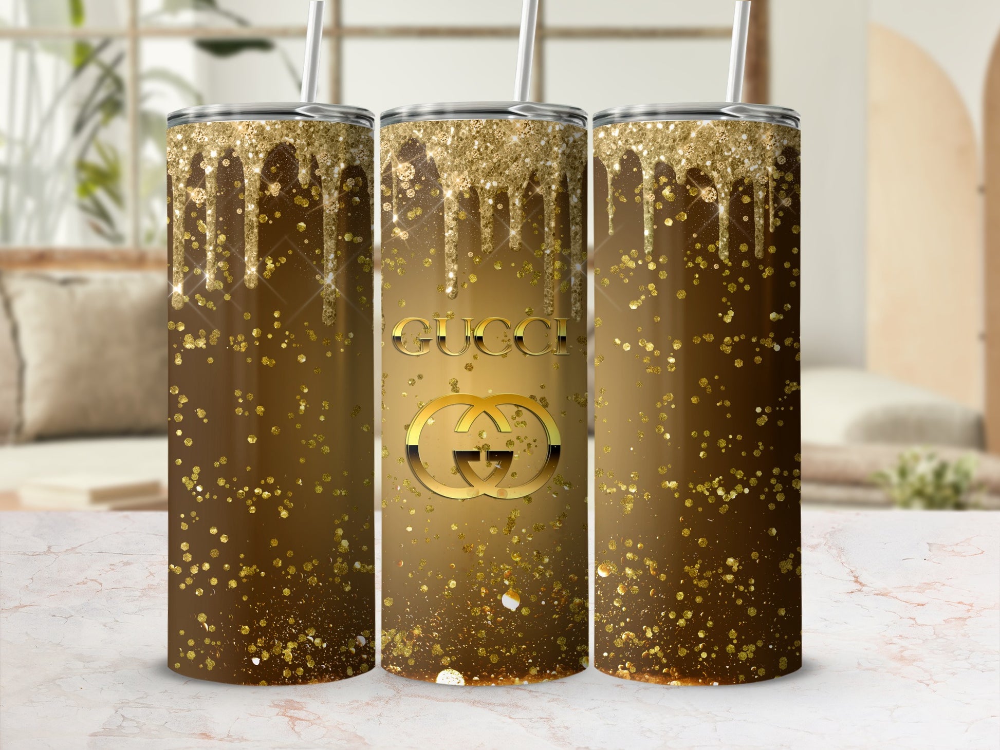 Glittery Gold Designer Tumbler with Metallic Accents