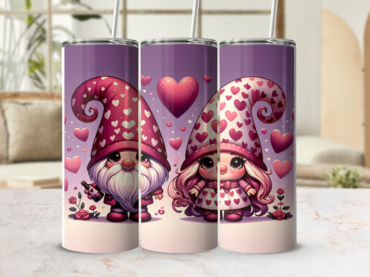 Two gnomes with hearts and stars on hats, one with a beard.