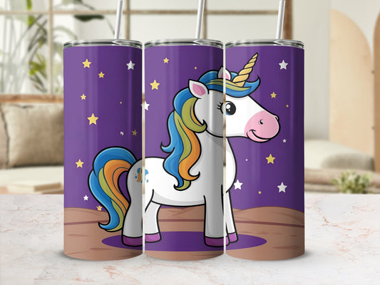 Purple tumbler with a cartoon unicorn and stars, shown from three angles.
